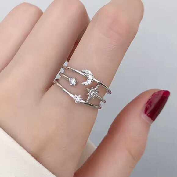 Silver Star and Moon Diamond Adjustable Ring - Picture 1 of 2